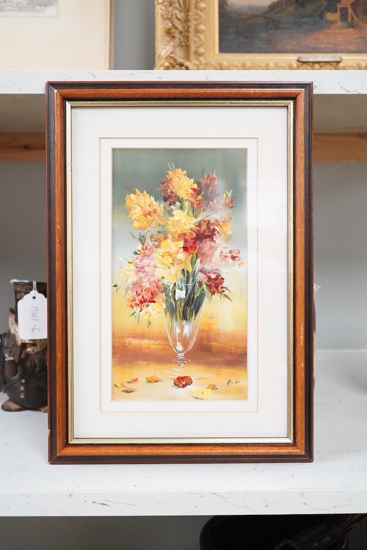 Lillias Blackie, Still life of flowers in a glass vase, signed, impasto oil, 24 x 12cm